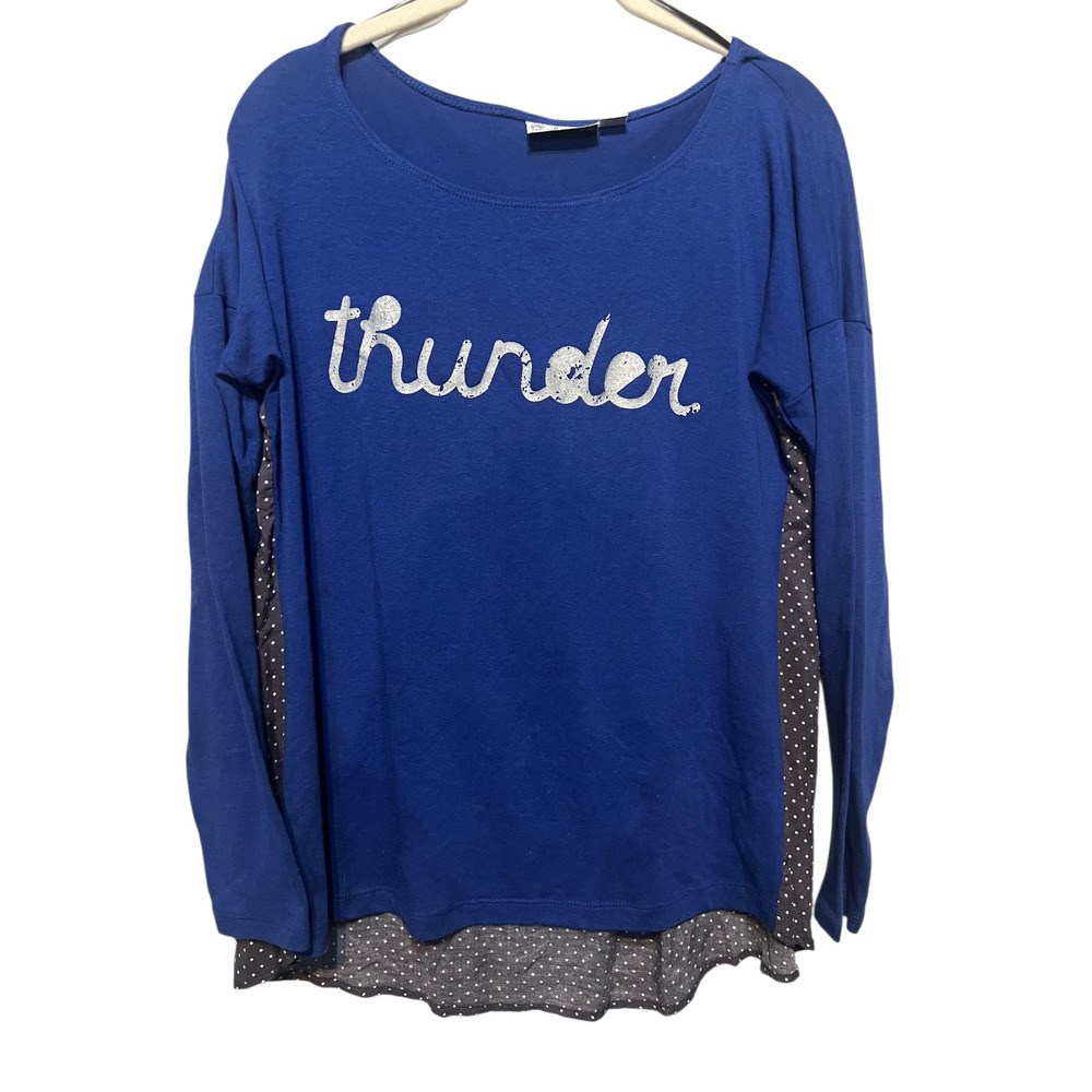 Livy Lu Womens Blue Long Sleeve "Thunder" Graphic Tunic Top Polka Dot Accent